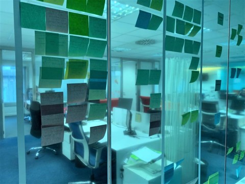 Office glass covered with Post it notes